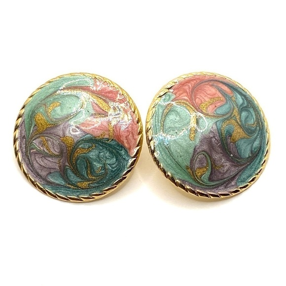 Earrings Artisan Swirl Enamel Gold Tone Statement - Picture 1 of 7